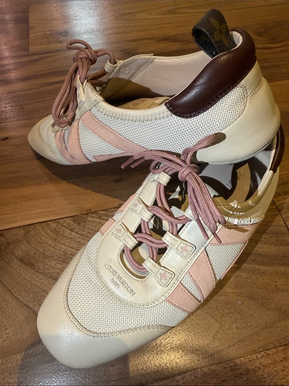 Louis Vuitton Cream and Pink Mesh Leather Sneakers